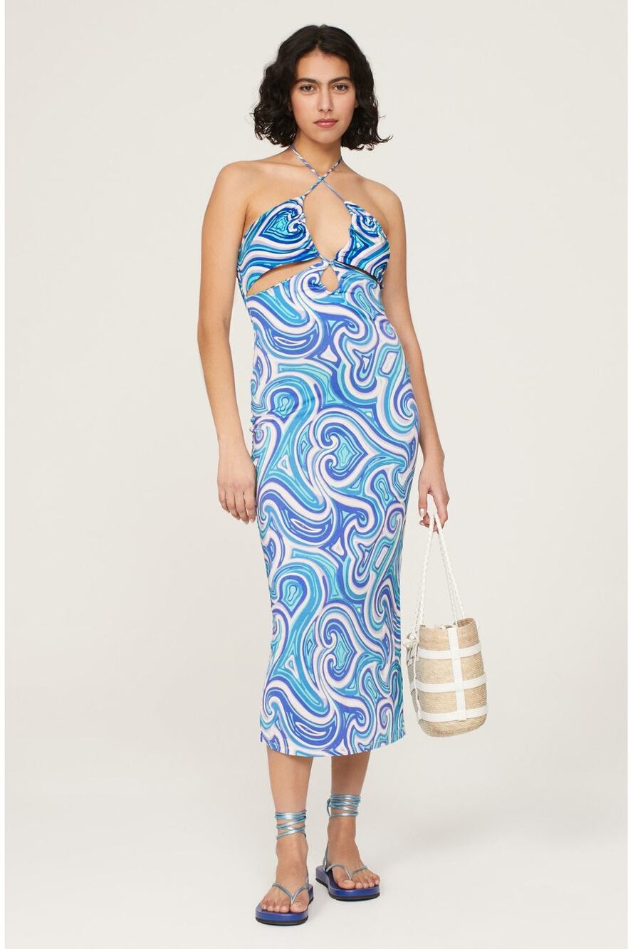 Ronny Kobo Collective 70s Psychedelic Swirl Crisscross Cutout Halter Dress 4 Y2K